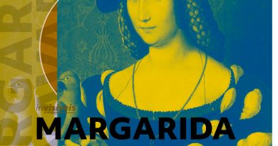 Colagem com pintura de Margarida de Navarra, em duotone azul e amarelo. Sobre a magem le-sê seu nome. Também estão presentes as logos da campanha invisíveis e do Projeto Redomas.
